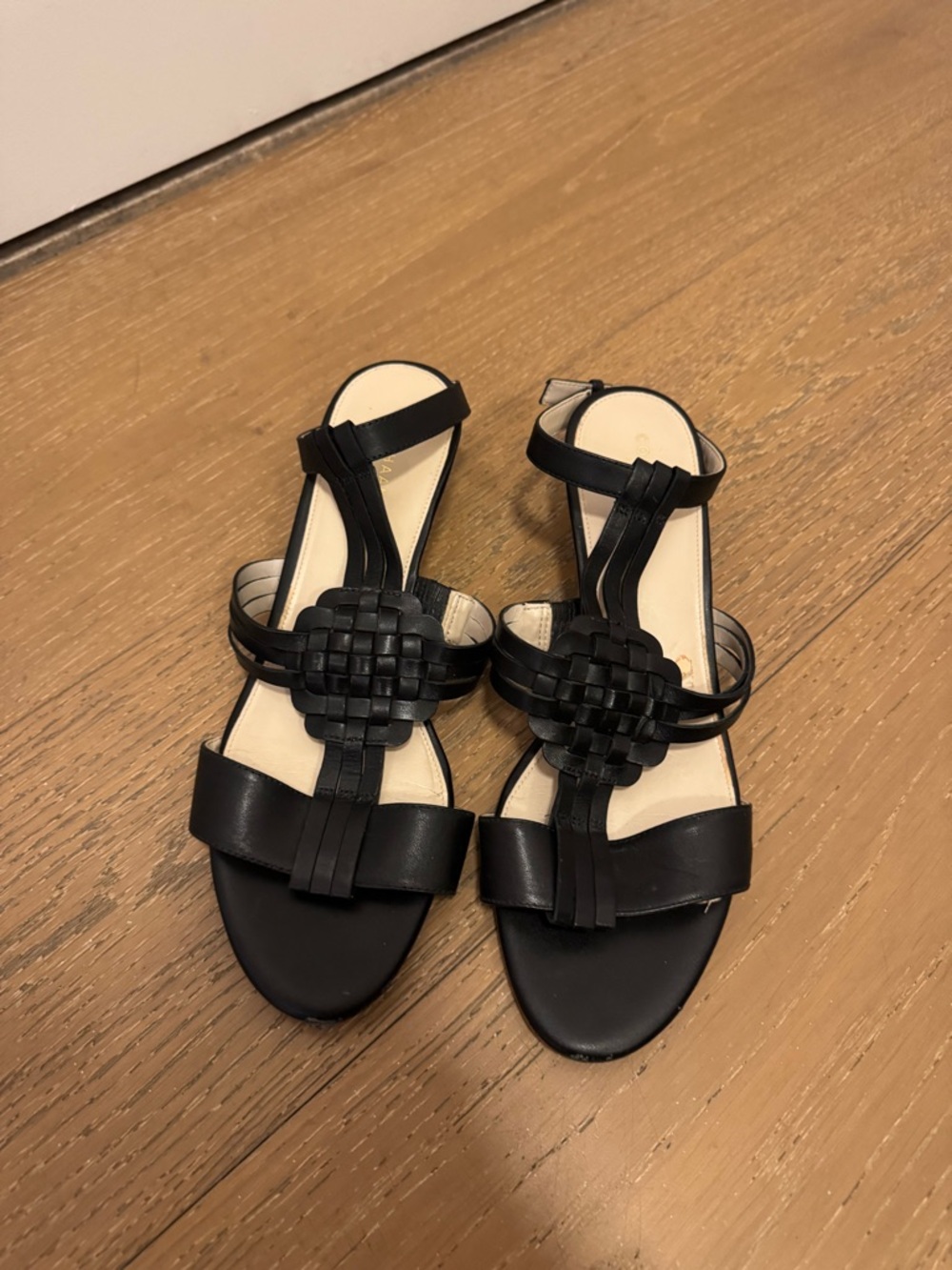 Cole Haan Black Women’s Woven T-Strap Sandals